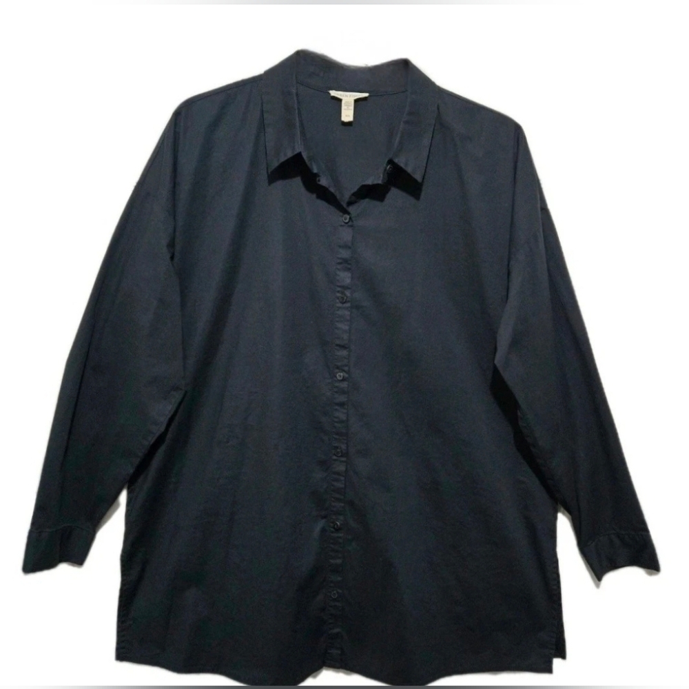 Eileen Fisher Shirt Button-Up Black Shirt Organic Cotton Side Slit Womens Medium - Picture 2 of 8
